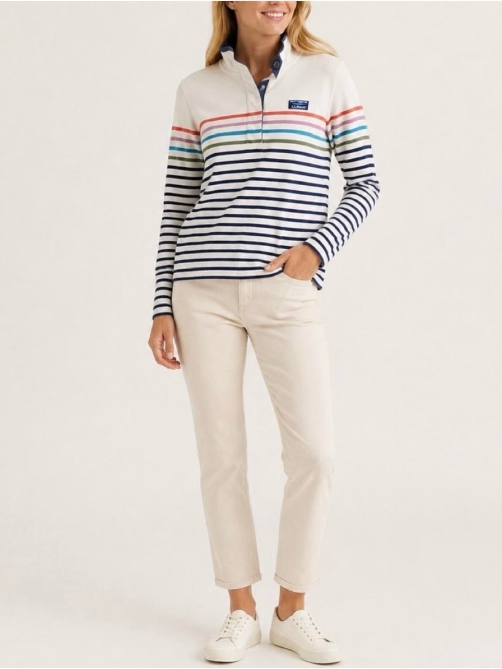L.L.Bean Women's Long Sleeve Quarter button Pullover with horizontal stripes